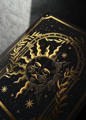 Dream Journal with Golden Sun and a Golden Moon, with gold foil, black and hardcover by Cocorrina & Co