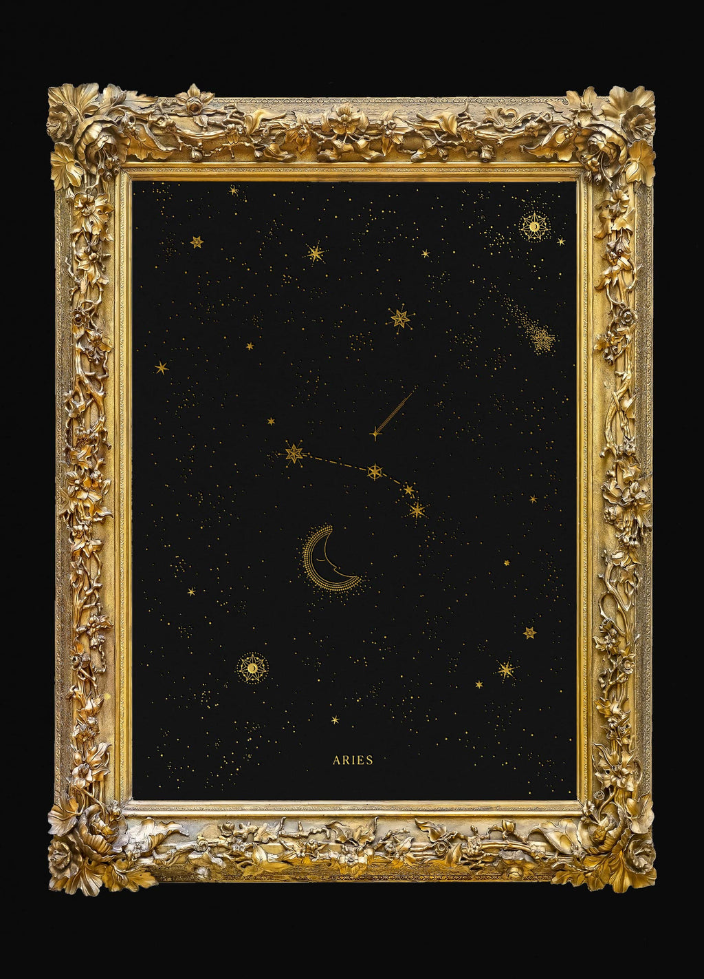 Aries zodiac constellation gold metallic foil print on black paper by Cocorrina