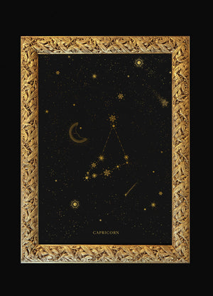 Capricorn zodiac constellation gold metallic foil print on black paper by Cocorrina