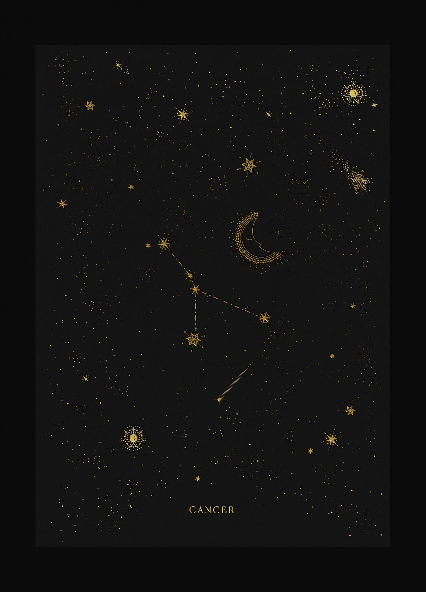 Cancer zodiac constellation gold metallic foil print on black paper by Cocorrina