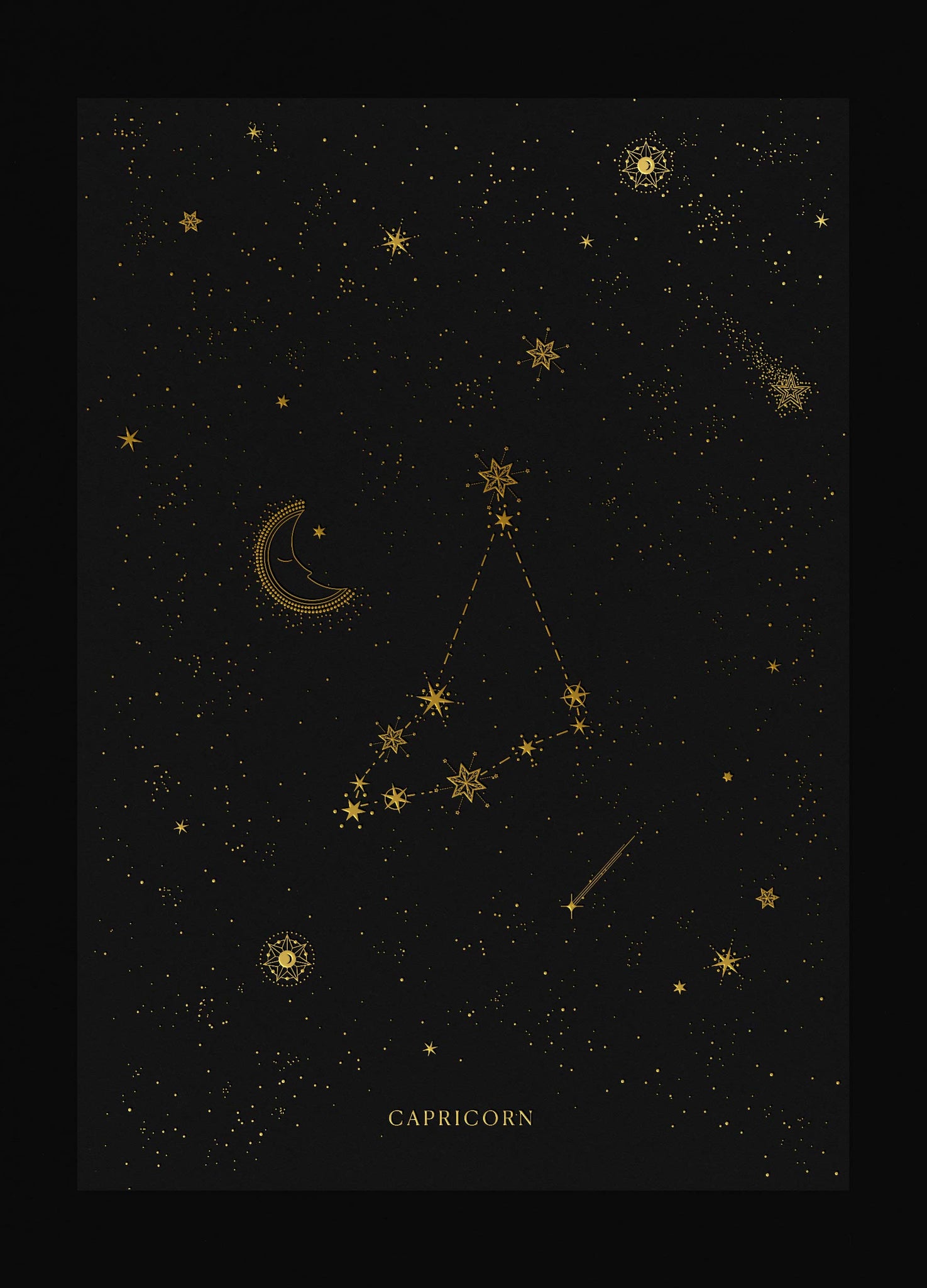 Capricorn zodiac constellation gold metallic foil print on black paper by Cocorrina