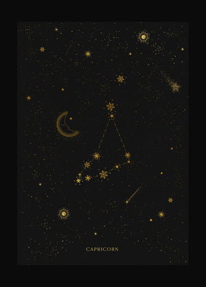 Capricorn zodiac constellation gold metallic foil print on black paper by Cocorrina