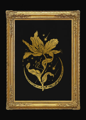 Cosmic Tulip Art print gold foil on black paper by Cocorrina