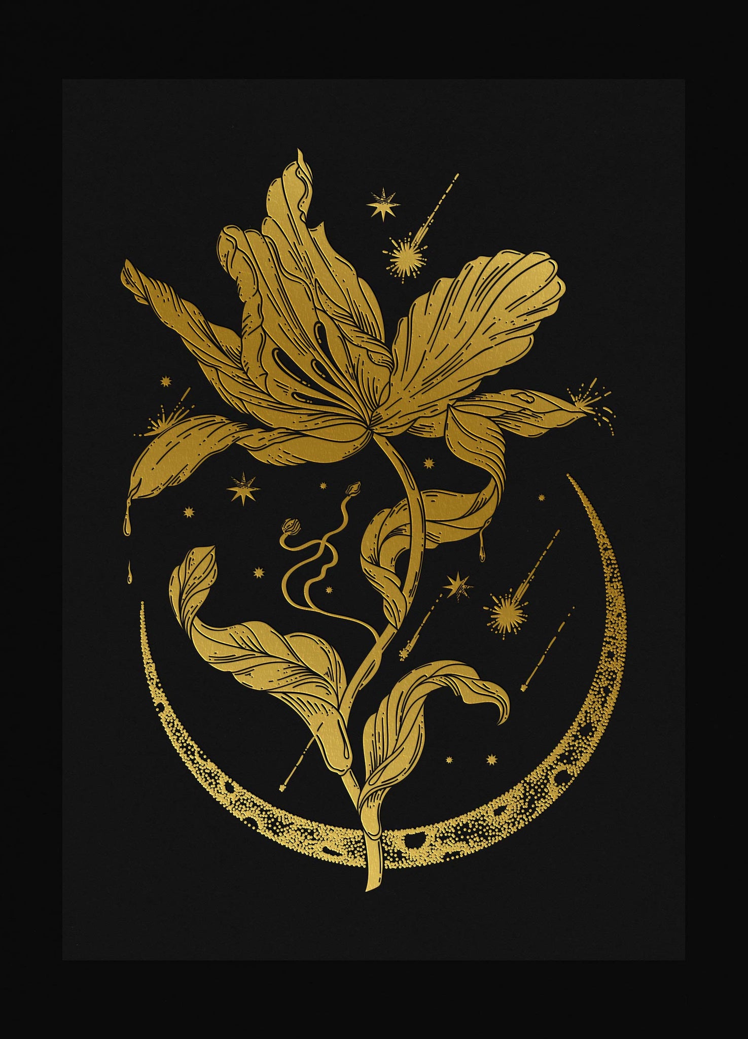 Cosmic Tulip Art print gold foil on black paper by Cocorrina
