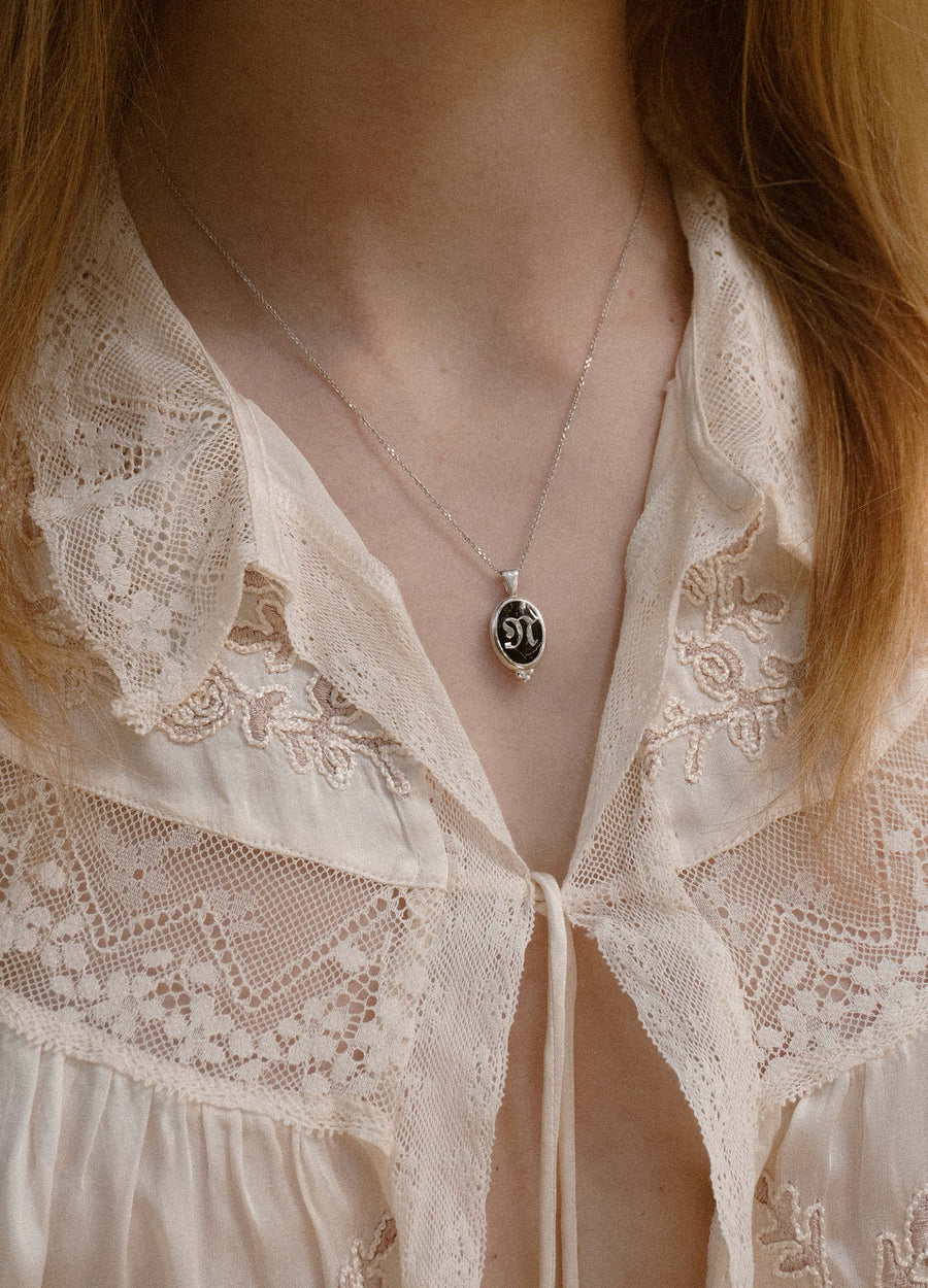 Initial Black Signet Sterling Silver Necklace