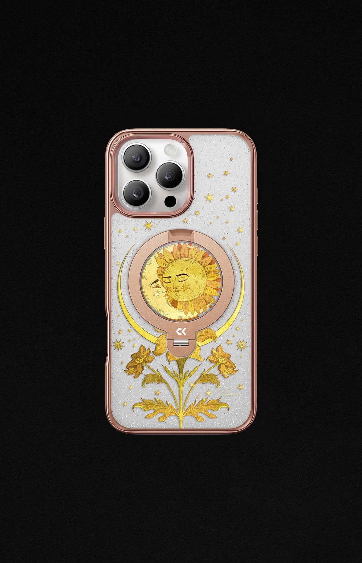 Phone case with decorative design on a black background