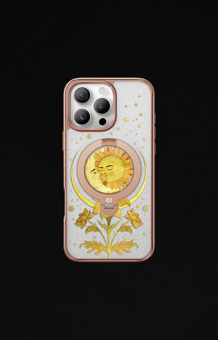 Phone case with decorative design on a black background