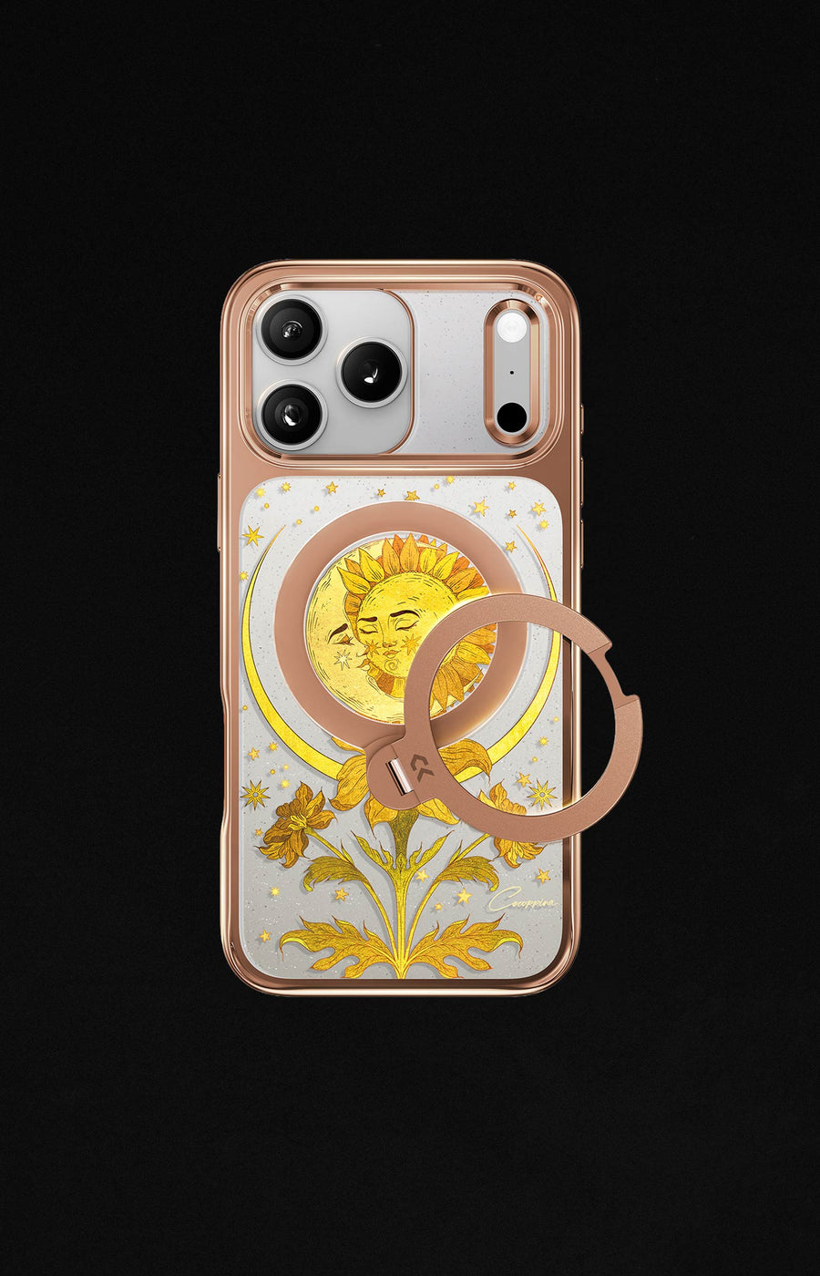 Phone case with sun and flower design and ring holder on a black background