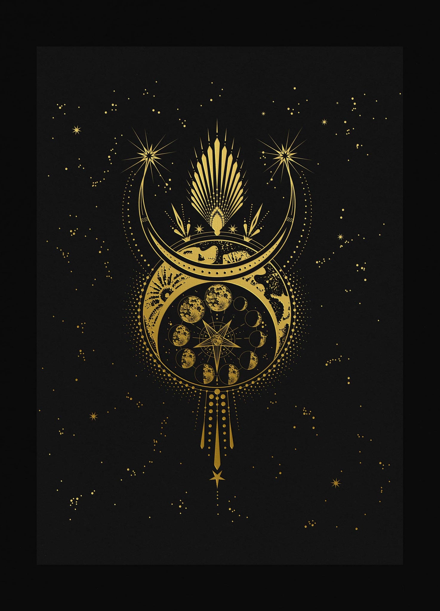 The Devil's Moon artwork print on black paper with gold foil and stars by Cocorrina studio.
