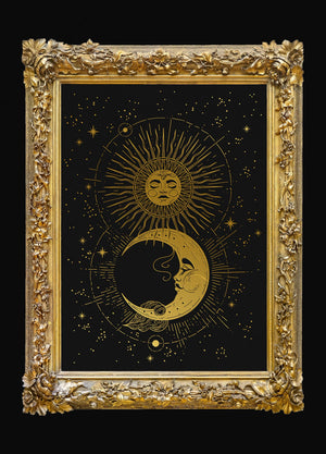 Divine Love, Moon & Sun Print gold foil on black paper by Cocorrina & Co