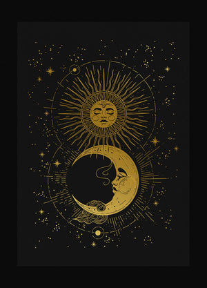 Divine Love, Moon & Sun Print gold foil on black paper by Cocorrina & Co