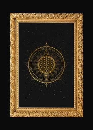 Flower of Life, sacred geometry art print in gold foil and black paper with stars and moon by Cocorrina