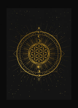 Flower of Life, sacred geometry art print in gold foil and black paper with stars and moon by Cocorrina
