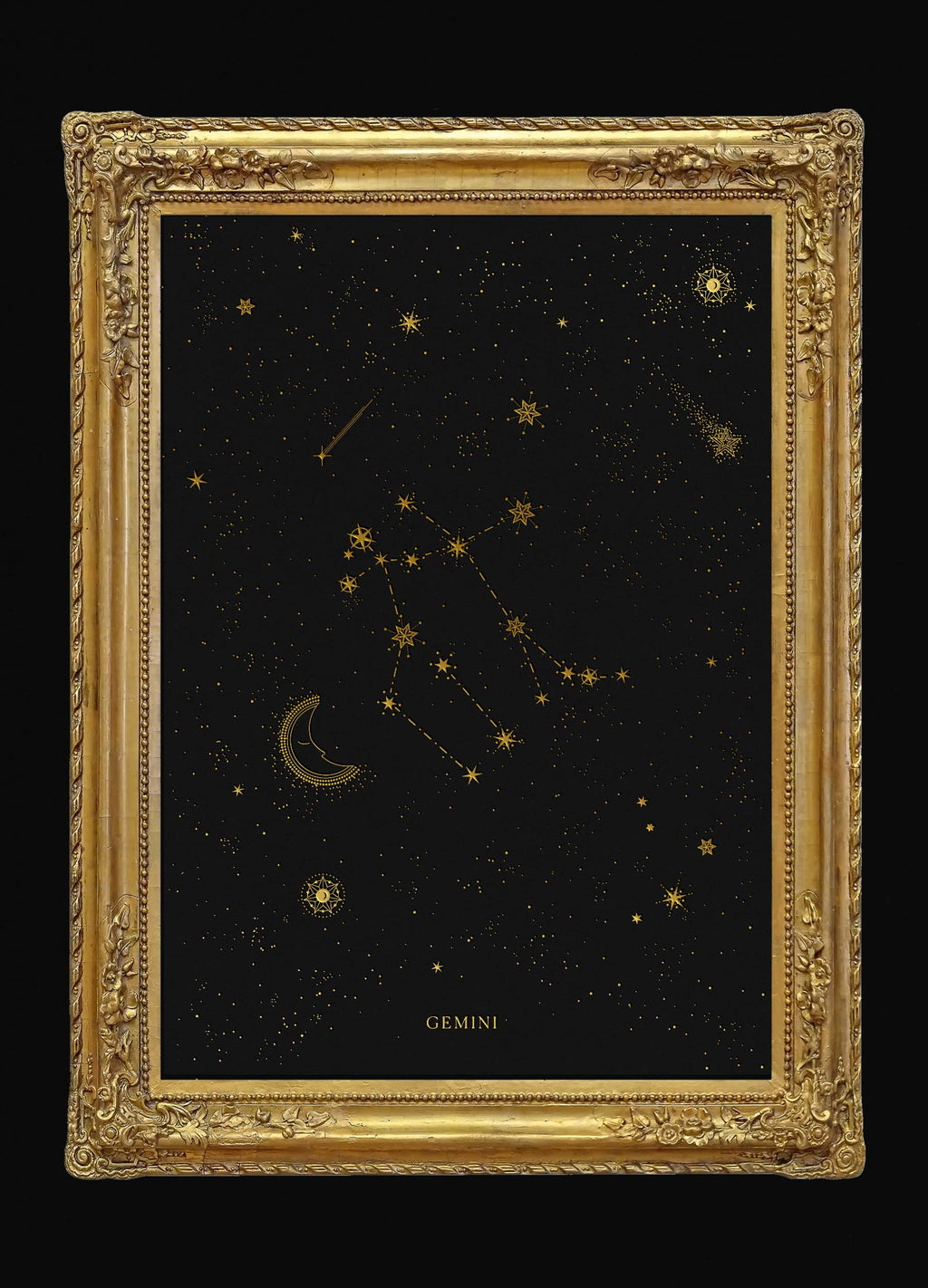 Gemini zodiac constellation gold metallic foil print on black paper by Cocorrina
