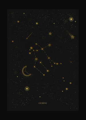 Gemini zodiac constellation gold metallic foil print on black paper by Cocorrina