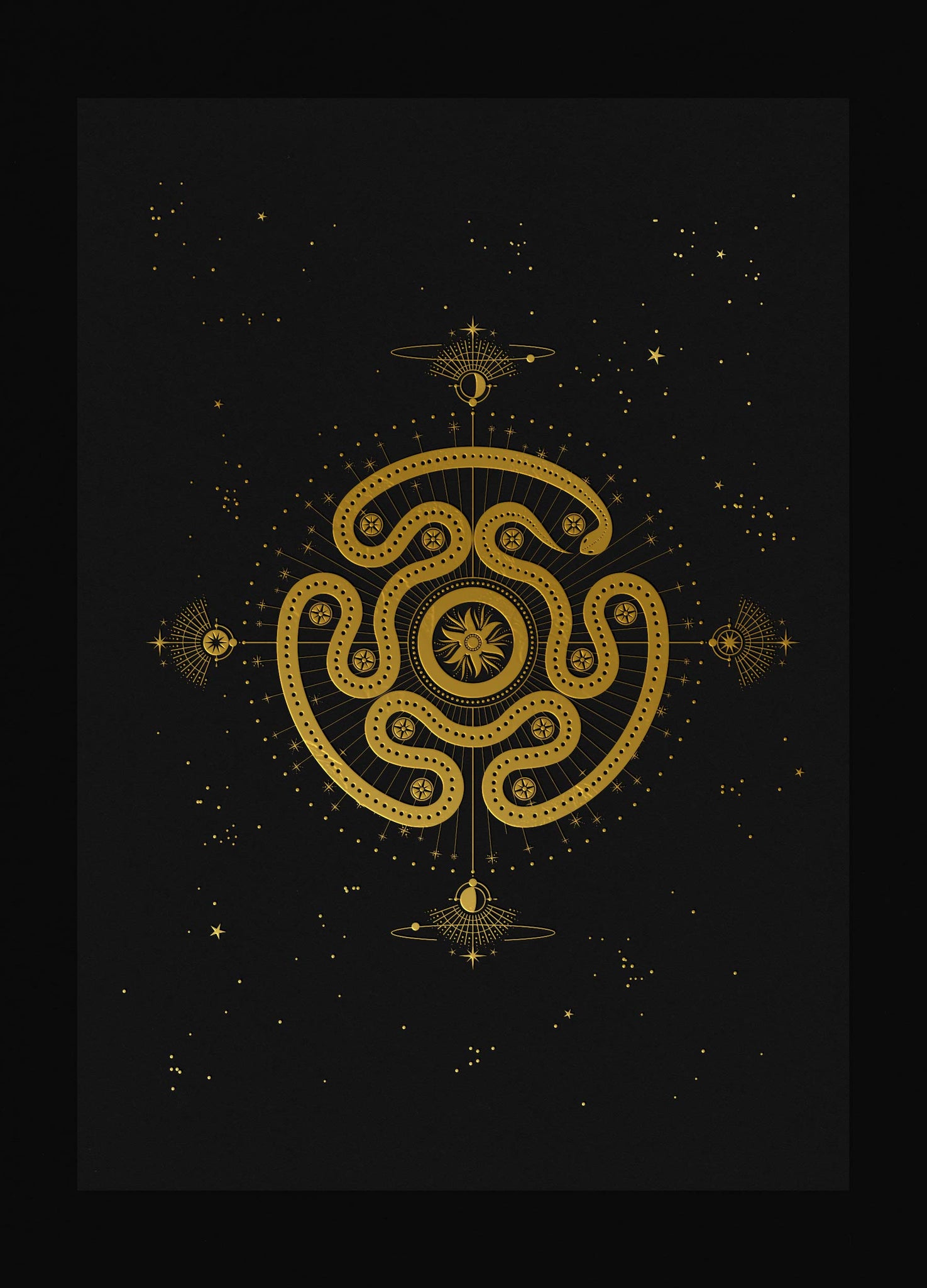 Hecates Wheel - Strofalos by Cocorrina & Co Shop - gold foil print on black paper