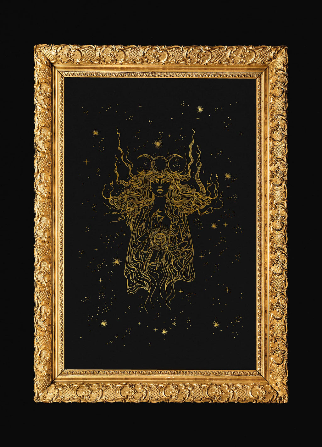 The High Priestess art print tarot gold foil on black paper by Cocorrina