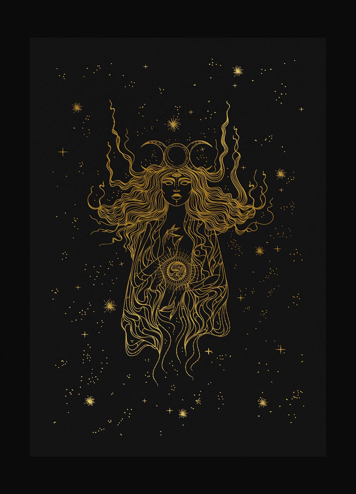 The High Priestess art print tarot gold foil on black paper by Cocorrina