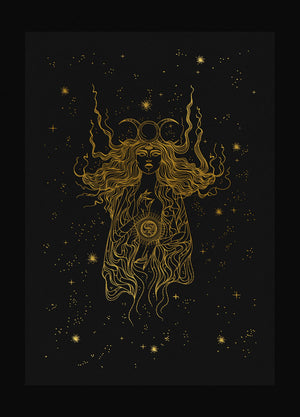 The High Priestess art print tarot gold foil on black paper by Cocorrina
