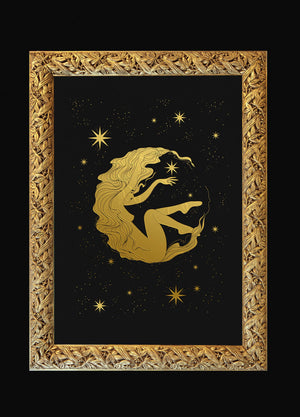 Lady Luna Print in gold foil on black paper by Cocorrina & Co