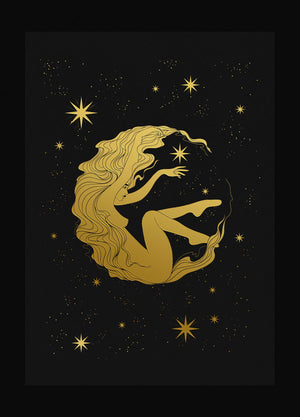 Lady Luna Print in gold foil on black paper by Cocorrina & Co