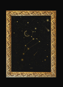 Leo zodiac constellation gold metallic foil print on black paper by Cocorrina