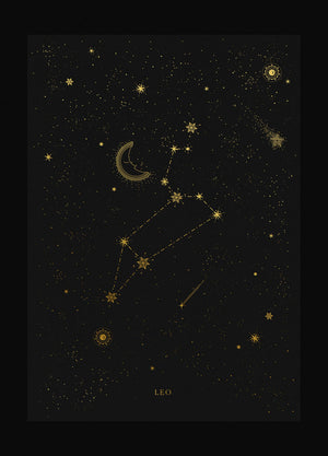 Leo zodiac constellation gold metallic foil print on black paper by Cocorrina