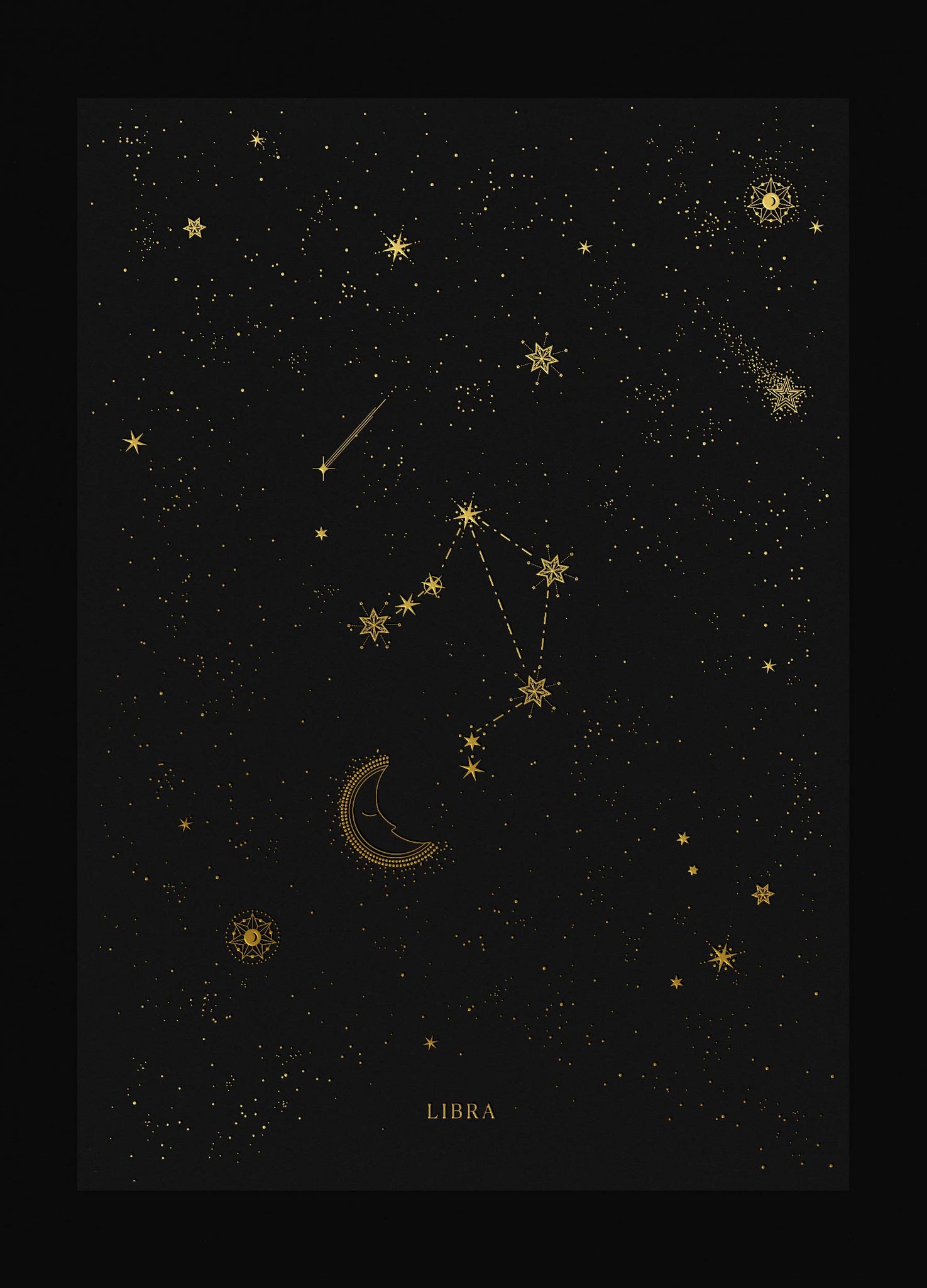 Libra zodiac constellation gold metallic foil print on black paper by Cocorrina