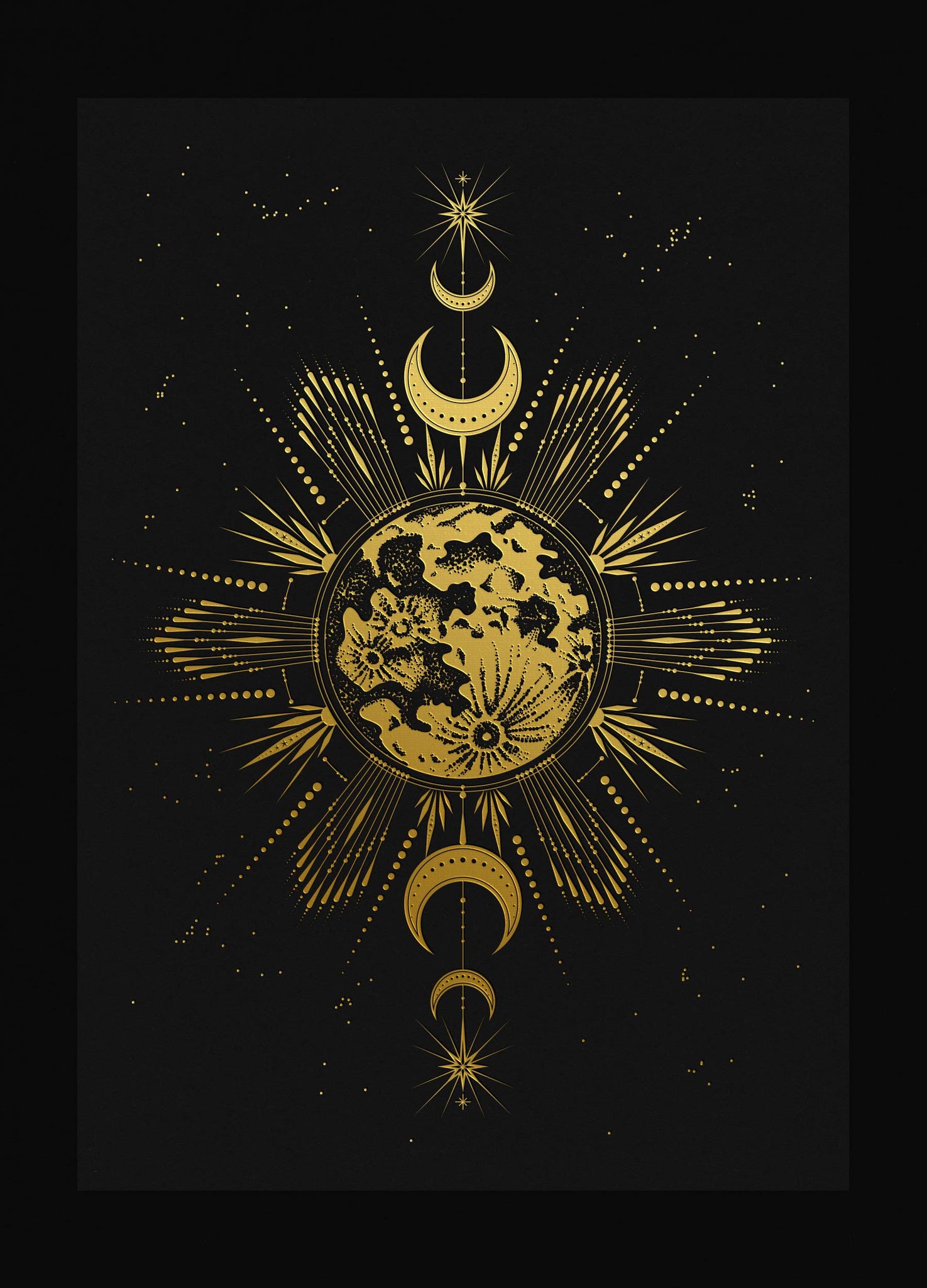 Longest Night Yule art print in gold foil and black paper with stars and moon by Cocorrina