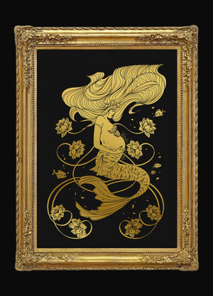 Mermaid mother art print gold foil on black paper by Cocorrina