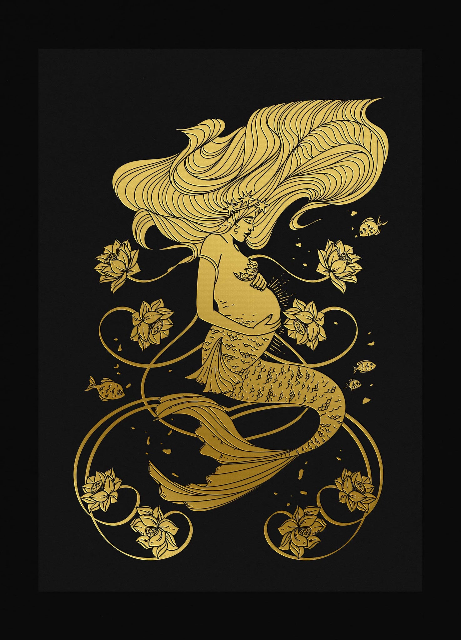 Mermaid mother art print gold foil on black paper by Cocorrina