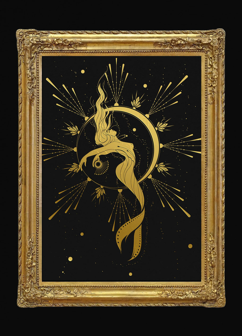 Mermaid under the Moonlight gold foil print on black paper by Cocorrina & Co Design studio