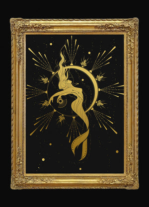 Mermaid under the Moonlight gold foil print on black paper by Cocorrina & Co Design studio