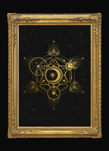 Metatron Cube, sacred geometry art print in gold foil and black paper with stars and moon by Cocorrina