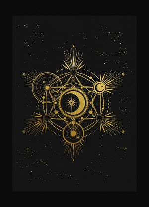 Metatron Cube, sacred geometry art print in gold foil and black paper with stars and moon by Cocorrina