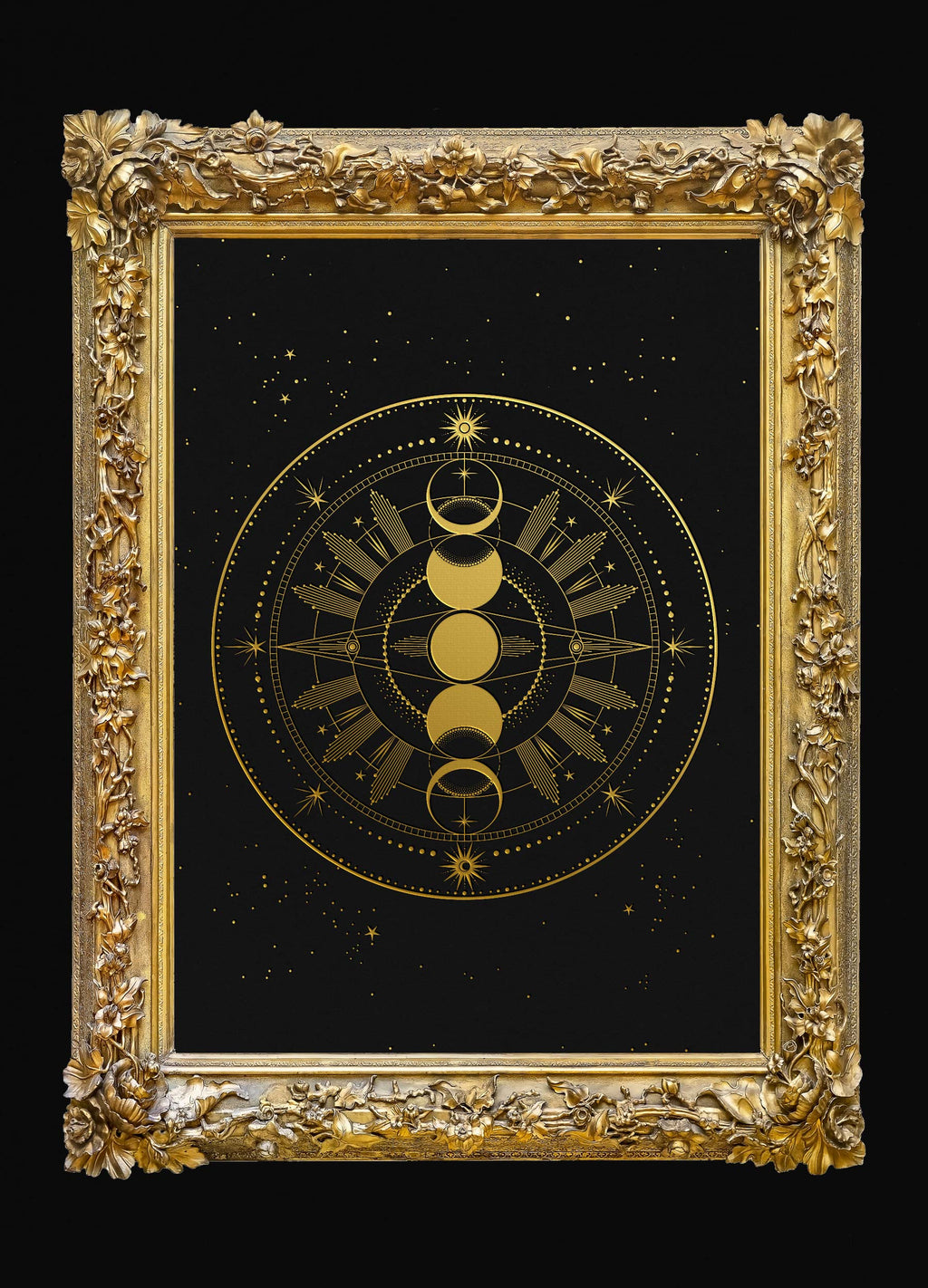 Moon Phase Totem art print in gold foil and black paper with stars and moon by Cocorrina