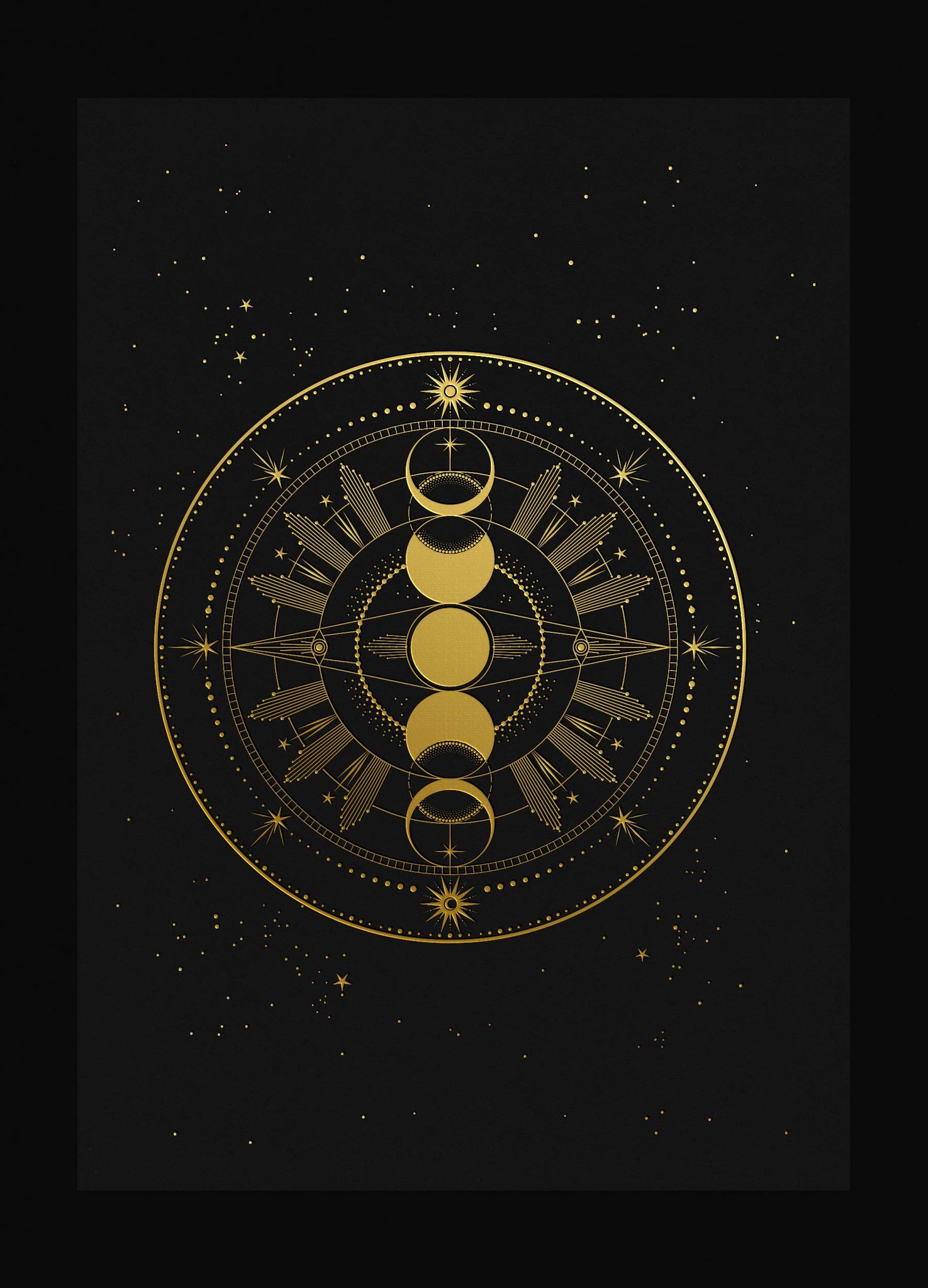 Moon Phase Totem art print in gold foil and black paper with stars and moon by Cocorrina