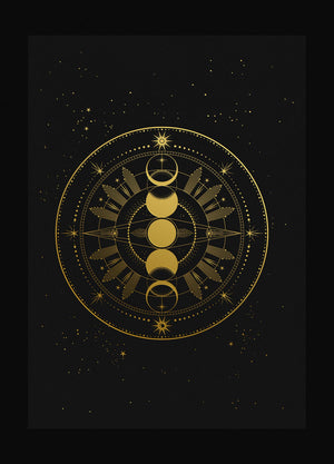 Moon Phase Totem art print in gold foil and black paper with stars and moon by Cocorrina