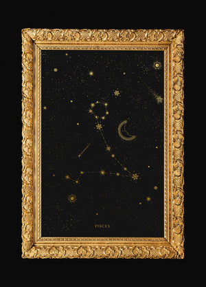 Pisces zodiac constellation gold metallic foil print on black paper by Cocorrina