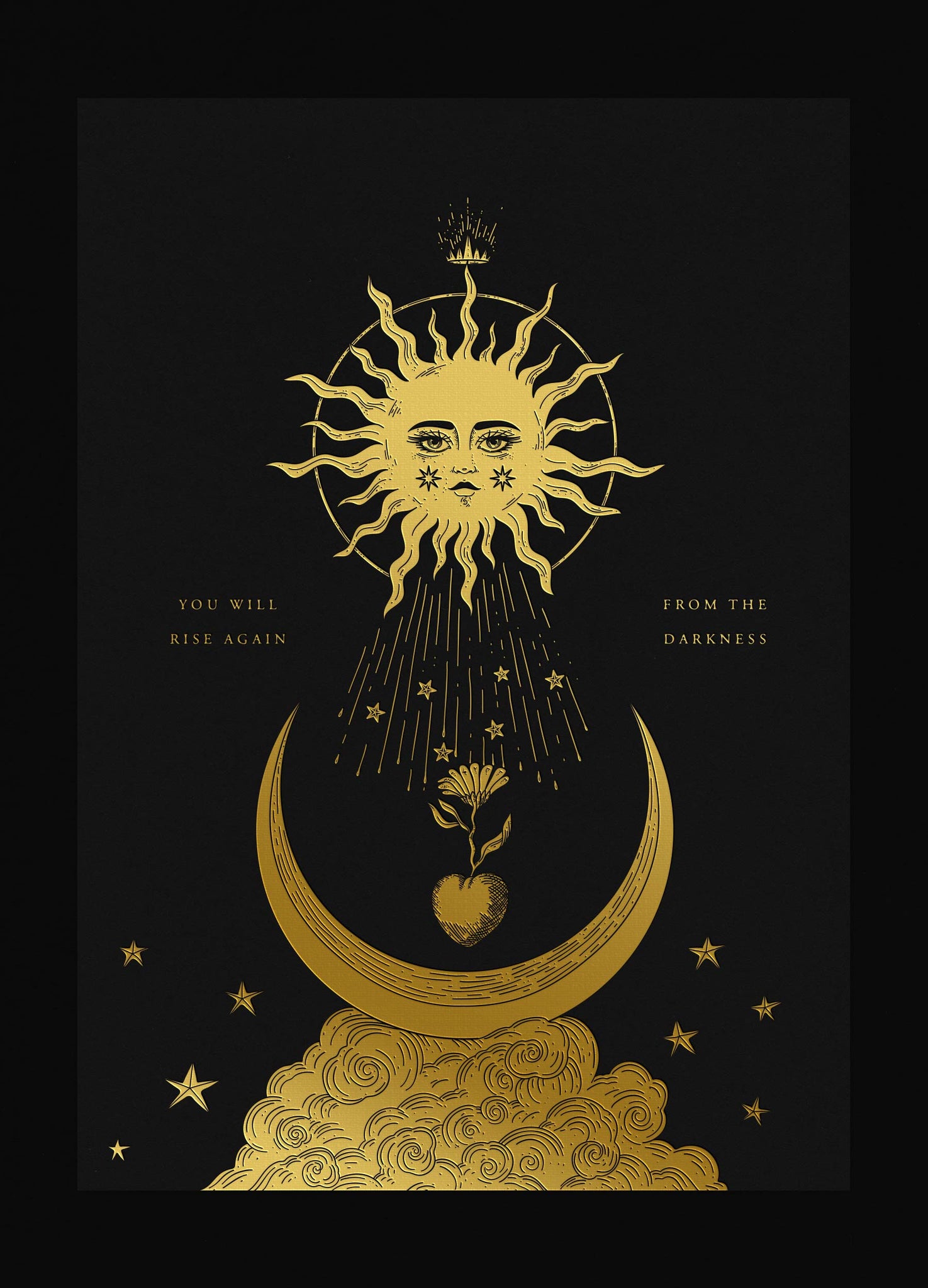 Rise from darkness, sun warming our hearts on the autumn equinox art print gold foil on black paper by Cocorrina & Co