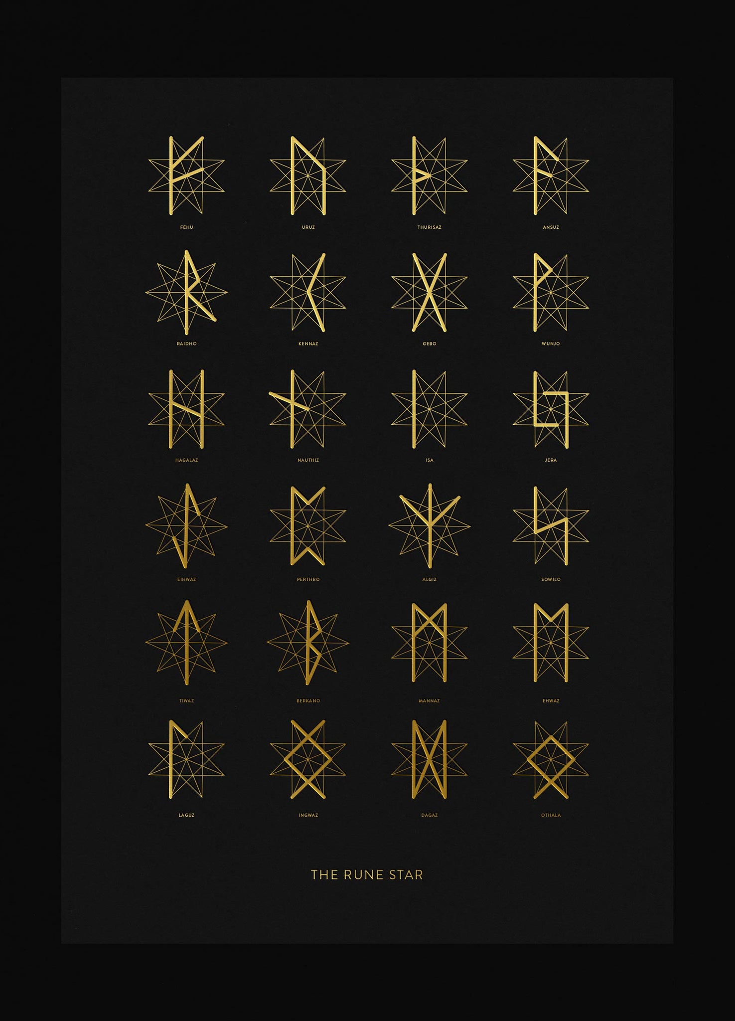 The rune star, set of 24 runes in gold foil black art print by studio Cocorrina design
