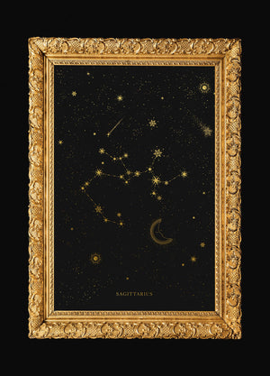 Sagittarius zodiac constellation gold metallic foil print on black paper by Cocorrina