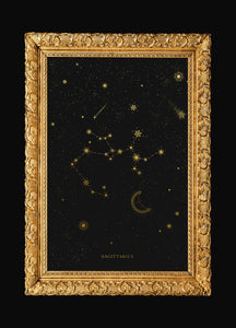 Sagittarius zodiac constellation gold metallic foil print on black paper by Cocorrina