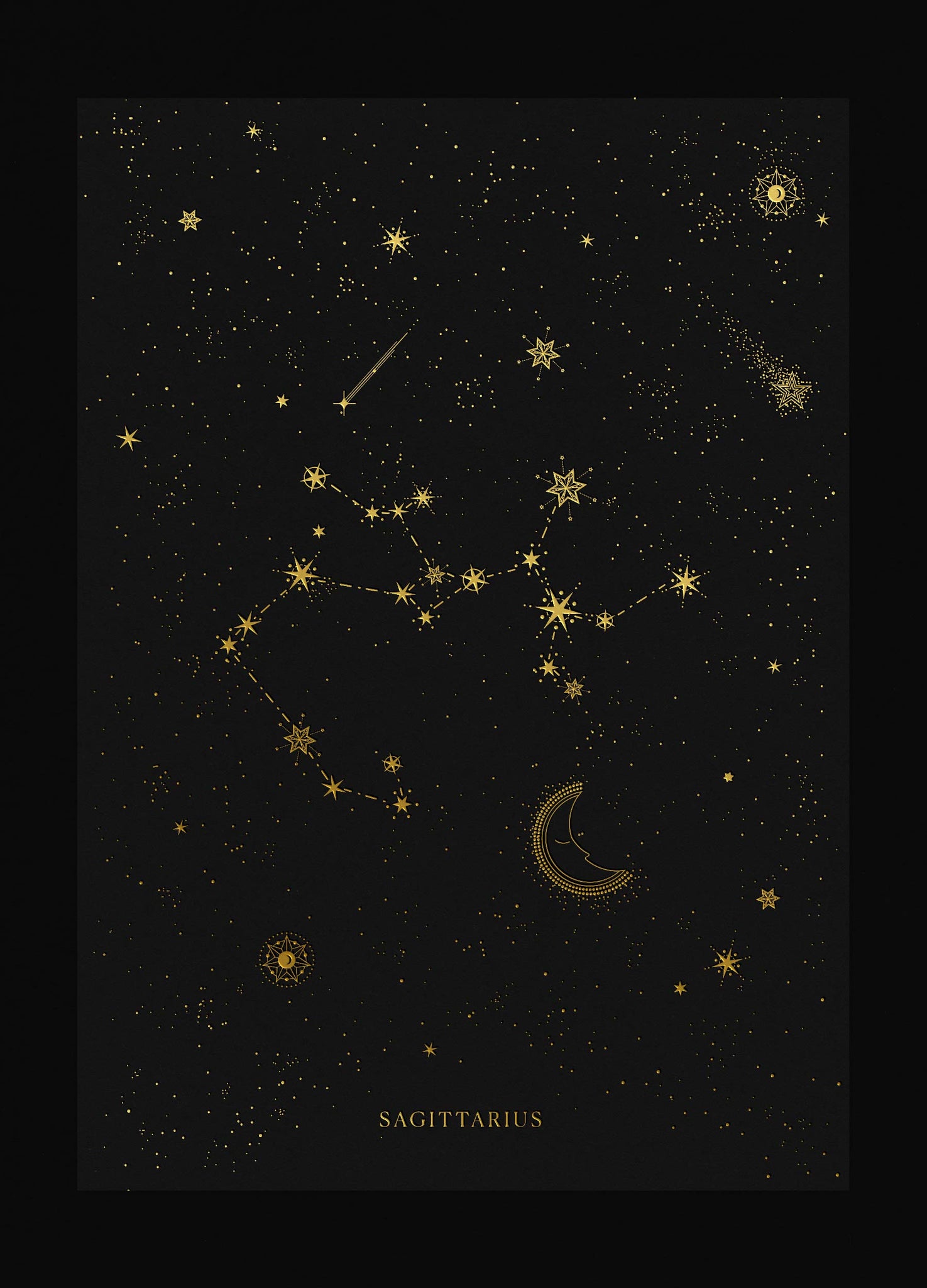 Sagittarius zodiac constellation gold metallic foil print on black paper by Cocorrina