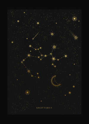 Sagittarius zodiac constellation gold metallic foil print on black paper by Cocorrina