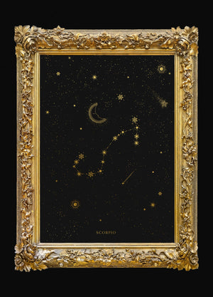 Scorpio zodiac constellation gold metallic foil print on black paper by Cocorrina