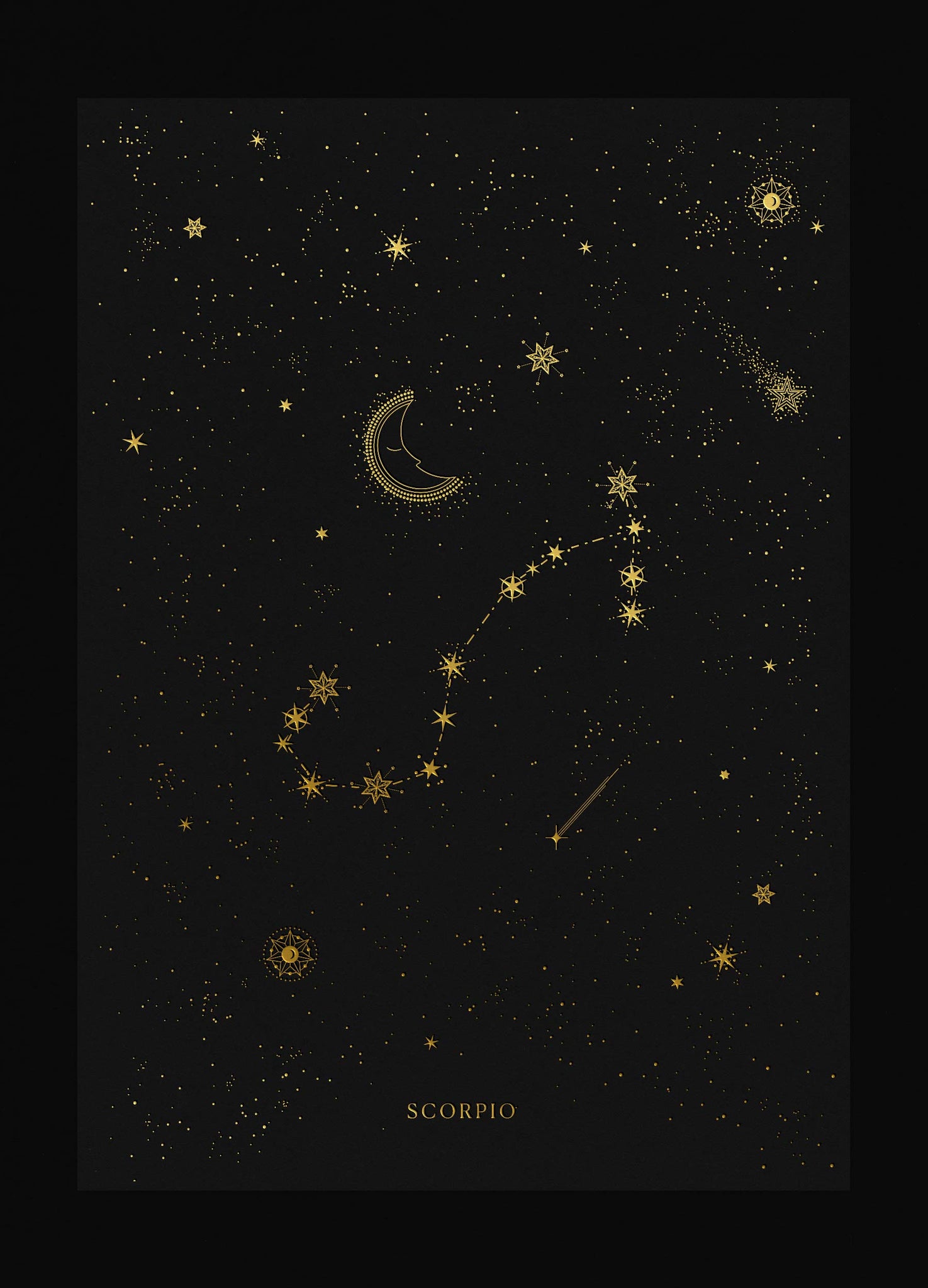 Scorpio zodiac constellation gold metallic foil print on black paper by Cocorrina