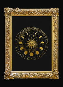 Sun and Moon Phenakistoscope Art Print gold foil on black paper by Cocorrina