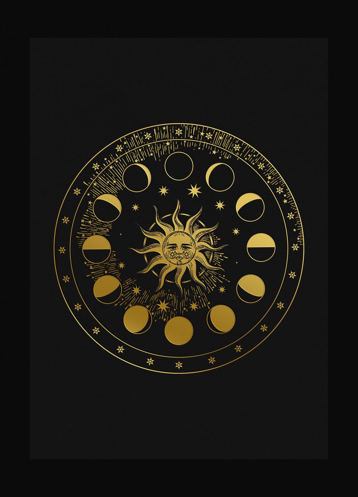 Sun and Moon Phenakistoscope Art Print gold foil on black paper by Cocorrina