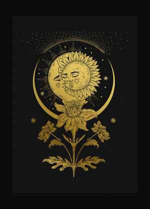 Sun and Moon Daffodil Art Print gold foil on black paper by Cocorrina